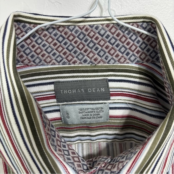 Thomas Dean Men's Button Front Down Dress Shirt Long Sleeve Large Striped Cotton - Picture 2 of 5